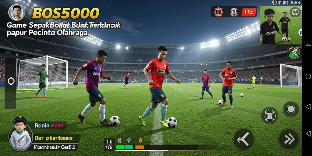Screenshot BOS5000 menampilkan aksi seru di lapangan sepak bola.