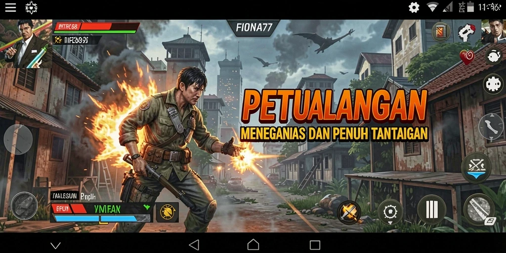 Tangkap layar utama FIONA77 menampilkan aksi petualangan yang mendebarkan.