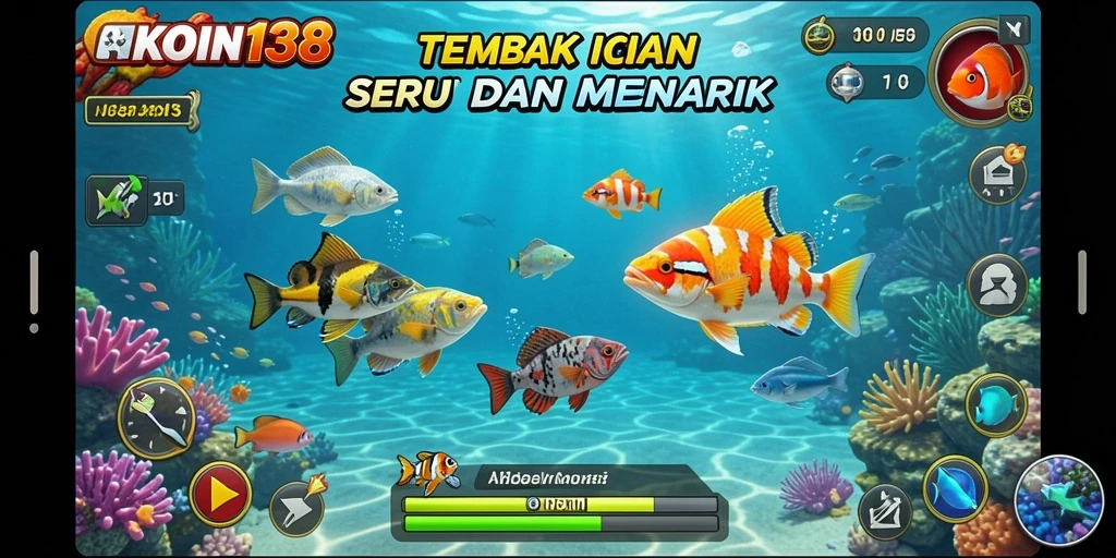 Tampilan gameplay yang seru dalam KOIN138, menangkap ikan dengan senjata unik.