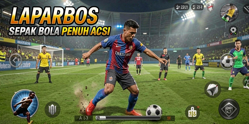 Tangkapan layar dari gameplay seru LAPARBOS di lapangan sepak bola.