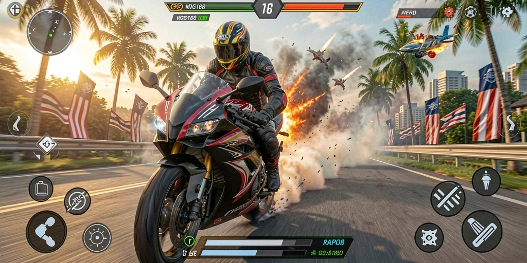 Screenshot utama MDG188 menampilkan aksi balapan motor yang mendebarkan.