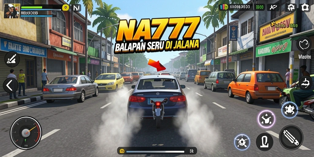 Tampilan gameplay NA777 dengan mobil balap yang cepat dan lintasan menantang.