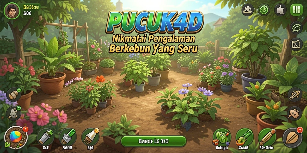 Tampilan gameplay PUCUK4D yang menampilkan kebun yang subur dan berwarna.