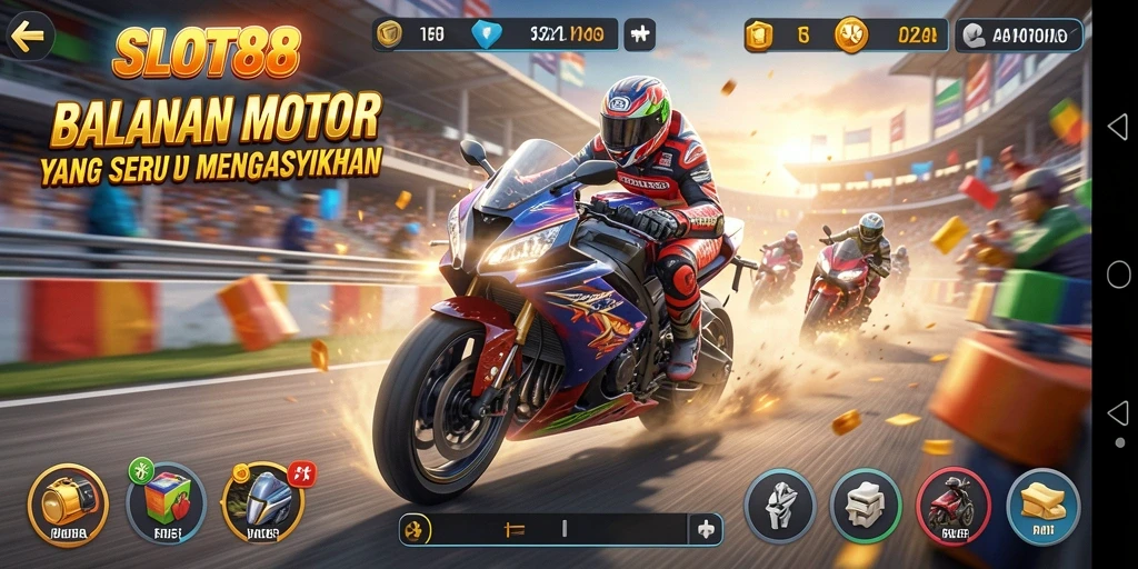 Tampilan gameplay SLOT88 yang mendebarkan saat balapan motor.